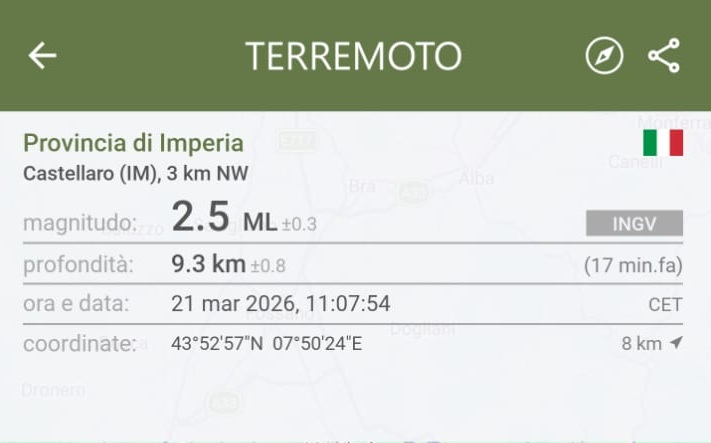 Terremoto avvertito a Taggia e dintorni