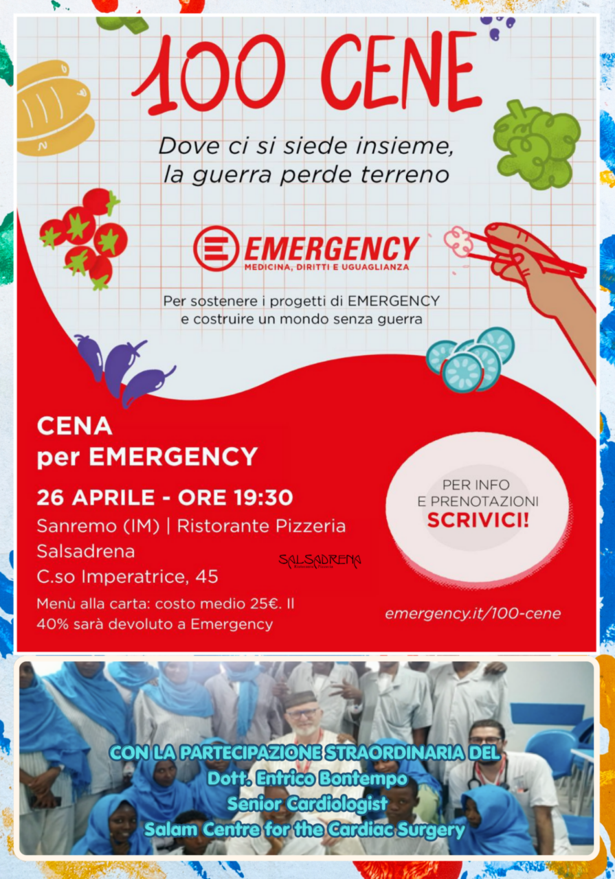 Cena solidale di EMERGENCY a Sanremo il 26 aprile